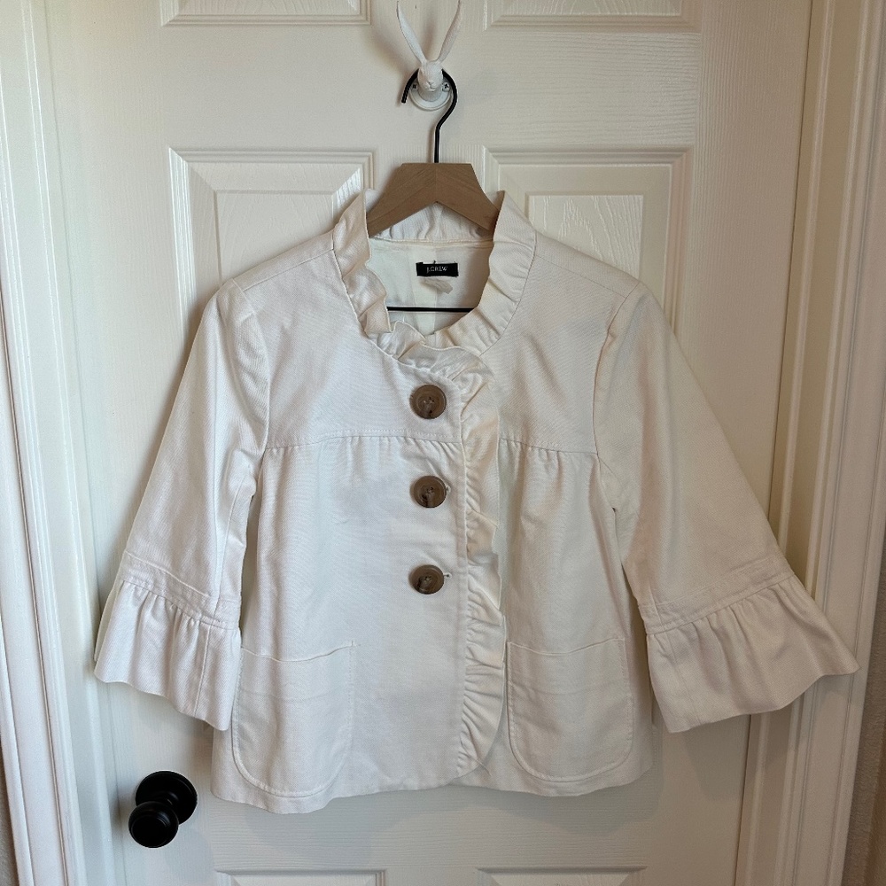 J. Crew Off White Ruffle Button Down Blazer/Suit Jacket